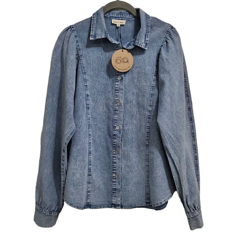 Aaron & Amber Stretchy Denim Chambray Button Down with Puff Sleeves Size: S‎